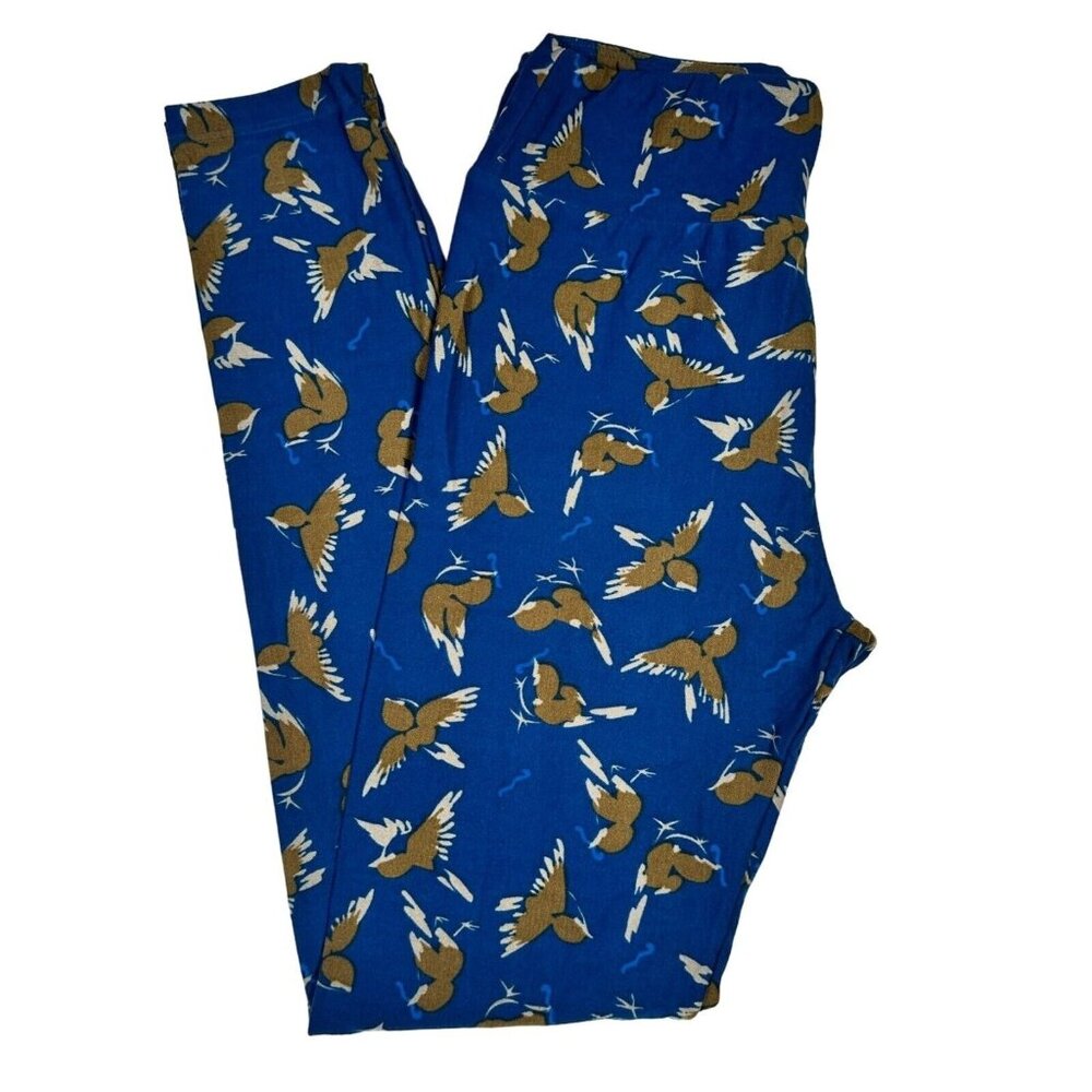 LuLaRoe Leggings Blue Tan Brown Swallows Sparrows Birds Flying One Size OS LLR